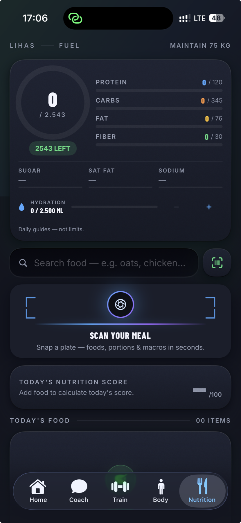 Lihas nutrition screen showing calorie, macro and daily nutrition score areas